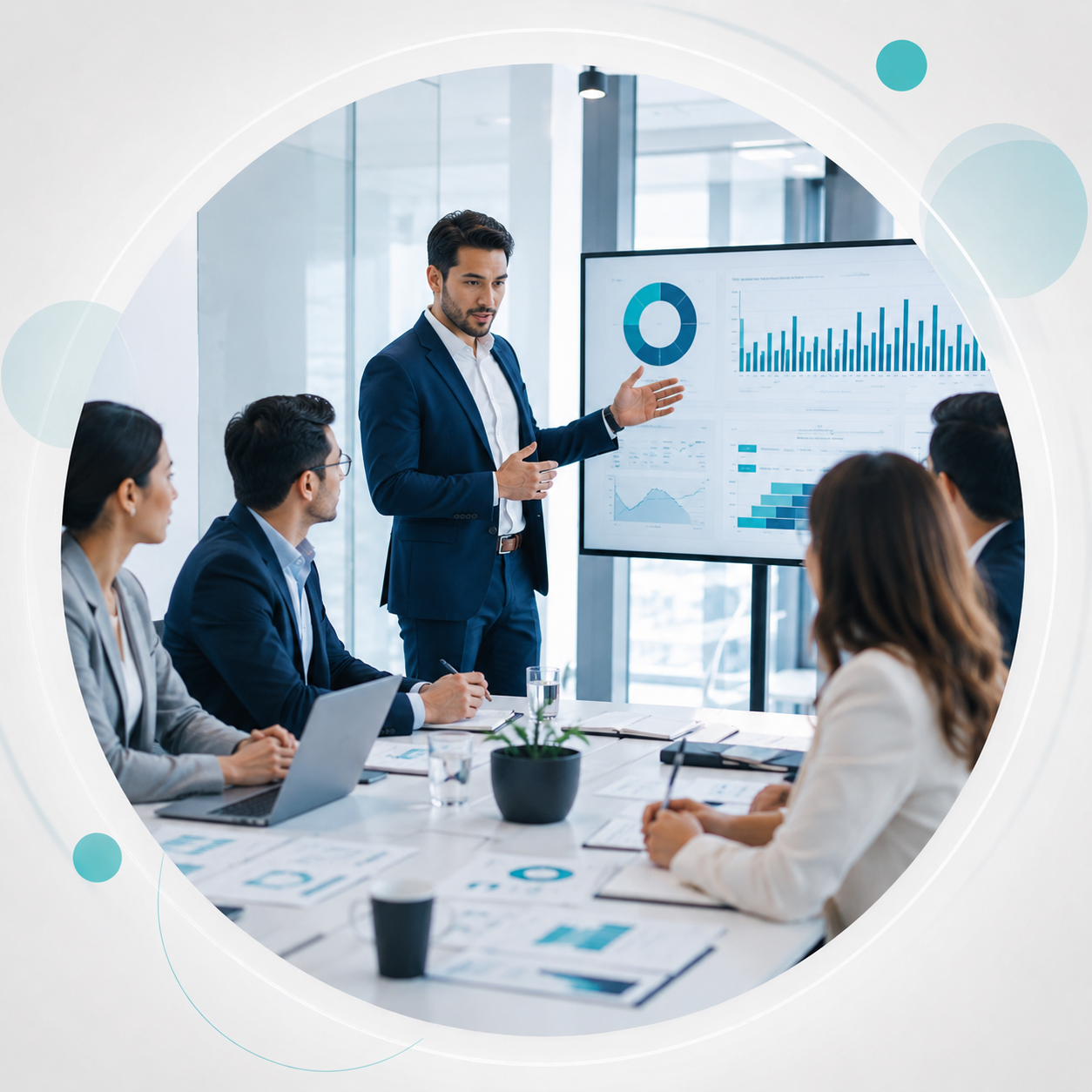 SelkaLogik business consulting meeting with presentation charts