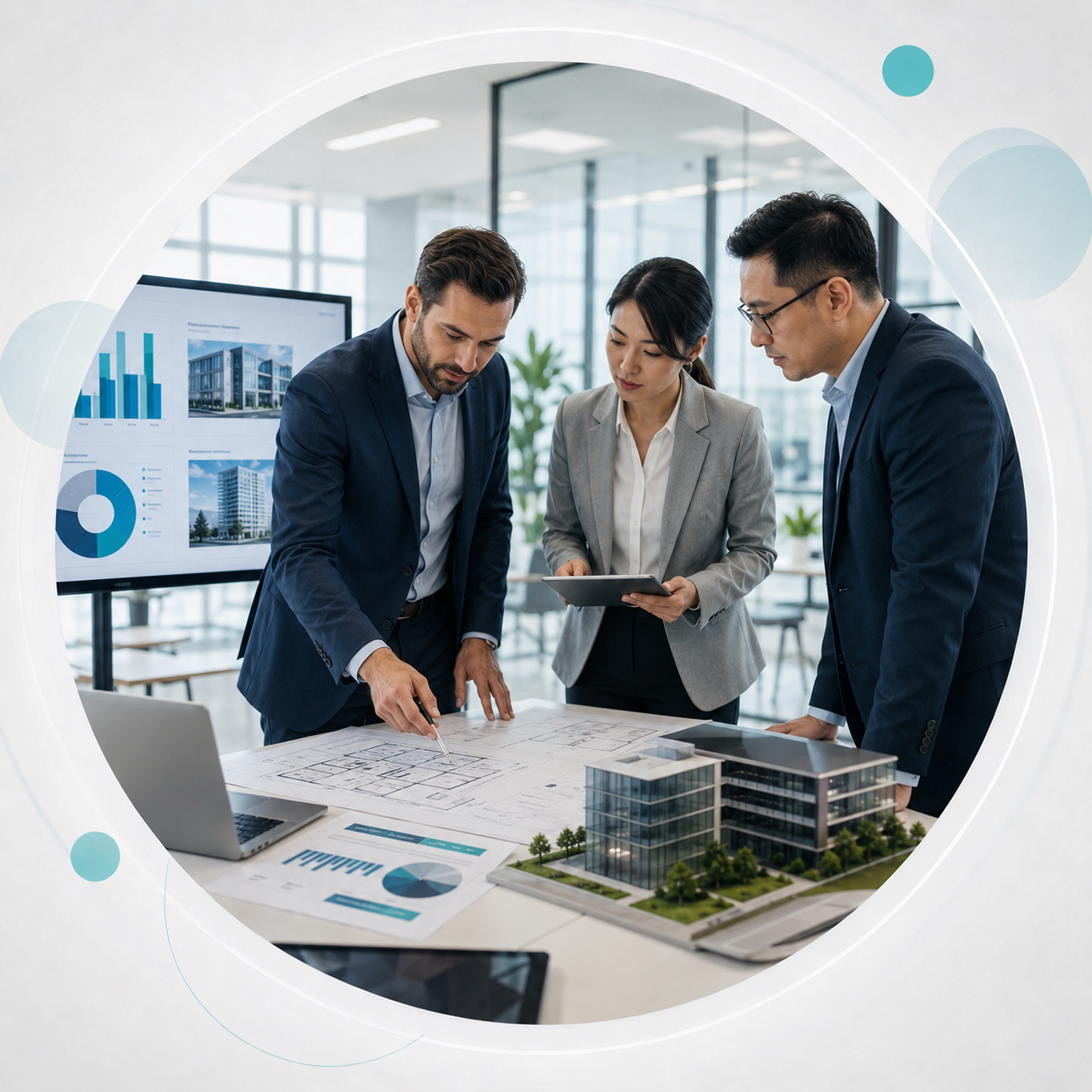 SelkaLogik commercial real estate team reviewing property plans and development models