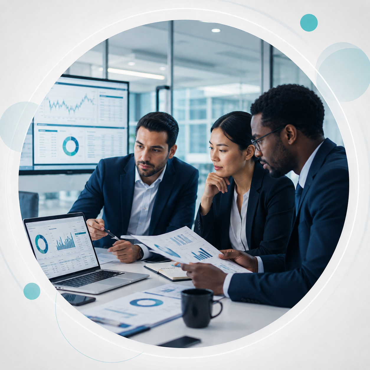 SelkaLogik financial services team analyzing reports and performance data
